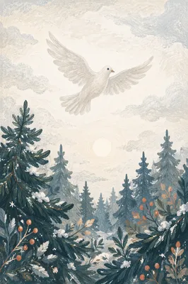 White Dove Above Snowy Evergreen Grove