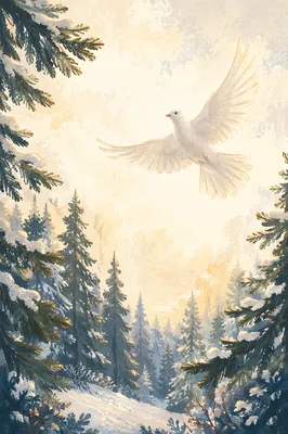 White Dove Rising Over Evergreen Forest