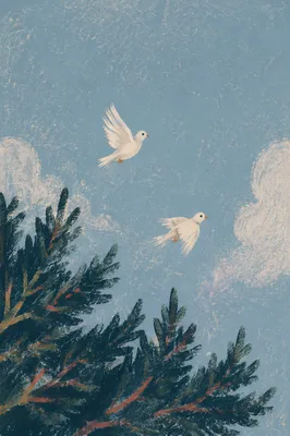 White Doves Rising Above Evergreen Sky