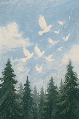 White Doves Rising Above Evergreen Trees