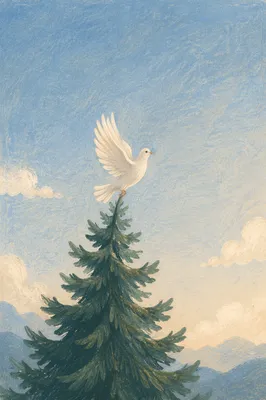 White Dove Rising Above Evergreen Tree