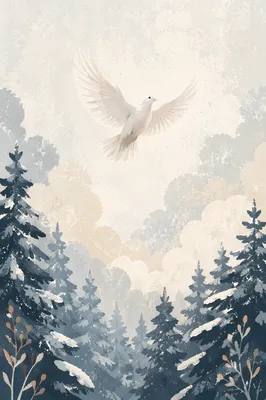 White Dove Above Snowy Evergreen Forest