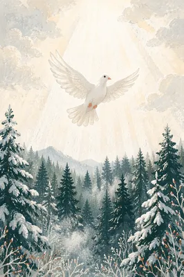 White Dove Over Snowy Evergreen Forest
