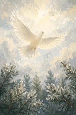 White Dove Over Frosted Evergreen Forest