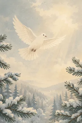 White Dove Over Snowy Evergreen Sky