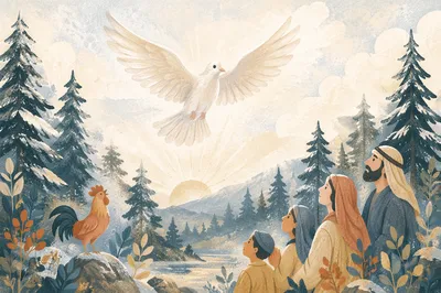 White Dove Rising Above Evergreen Pines