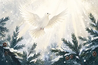 White Dove Above Snowy Evergreen Branches