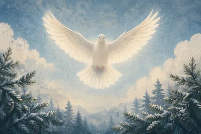White Dove Above Frosted Evergreen Grove