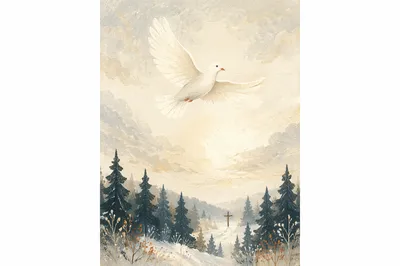 White Dove Above Evergreen Cross