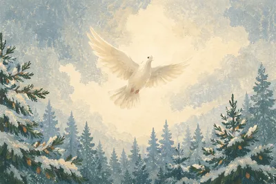 White Dove Above Snowy Evergreen Forest