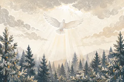 White Dove Over Evergreen Winter Forest