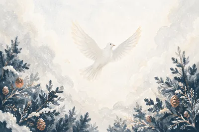 White Dove Rising Through Winter Pines