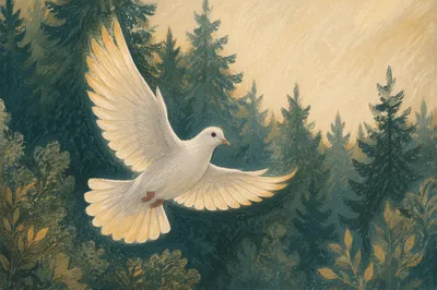 White Dove Gliding Over Evergreen Forest
