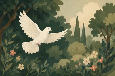 White Dove Flying Over Evergreen Garden