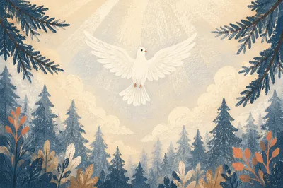 White Dove Rising Through Evergreen Sky