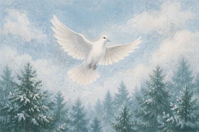 White Dove Rising Above Evergreen Mist