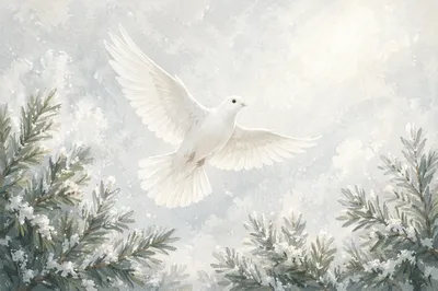 White Dove Rising Through Winter Sky