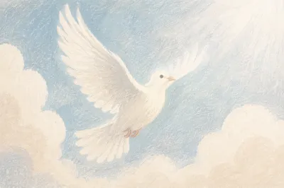 White Dove Ascending in Serene Sky