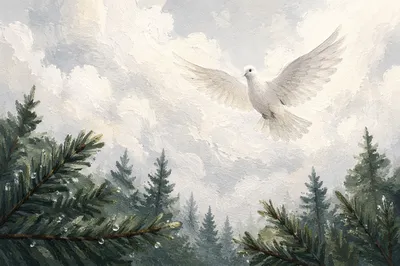 White Dove Above Evergreen Pines