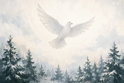White Dove Above Snowy Evergreen Grove