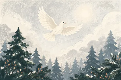 White Dove Above Snowy Evergreen Grove