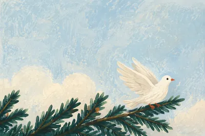 White Dove Above Evergreen in Morning Sky