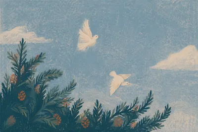White Doves Ascending Above Evergreen Sky