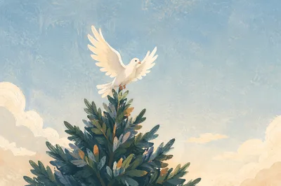 White Dove Rising Above Evergreen Tree
