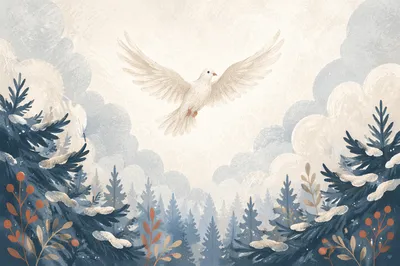 White Dove Above Snowy Evergreen Forest