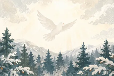 White Dove Above Snowy Evergreen Forest