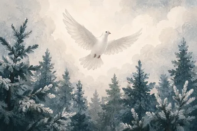 White Dove Above Evergreen Pines