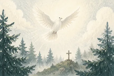 White Dove Above Evergreen Forest Cross