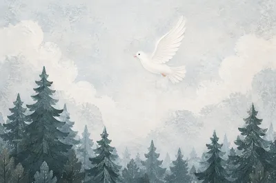 White Dove Over Evergreen Forest Sky