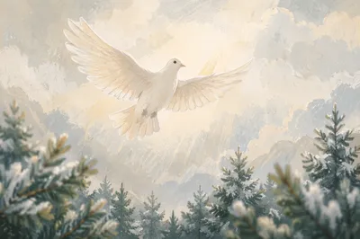 White Dove Above Frosted Evergreen Forest