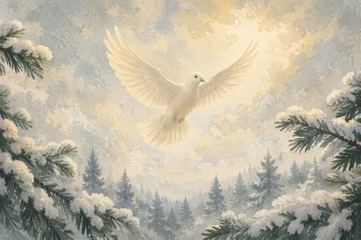 White Dove Rising Through Winter Sky