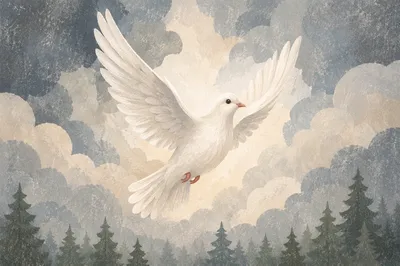 White Dove Rising Through Stormy Holy Sky