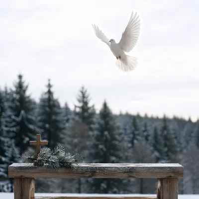White Dove Above Frosted Evergreen Pines