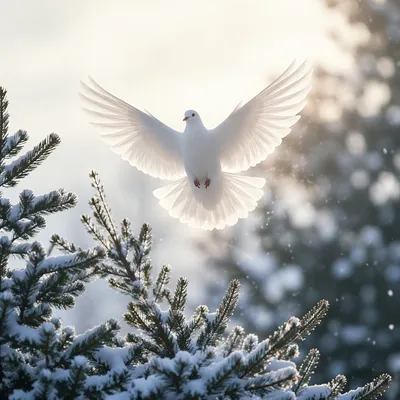 White Dove Above Snowy Evergreen Pines