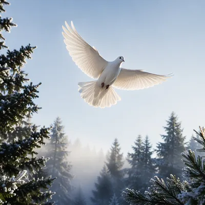 White Dove Over Frosted Evergreen Grove
