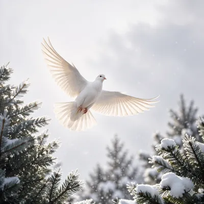 White Dove Rising Above Snowy Evergreens