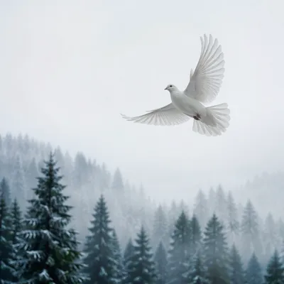 White Dove Over Misty Evergreen Forest