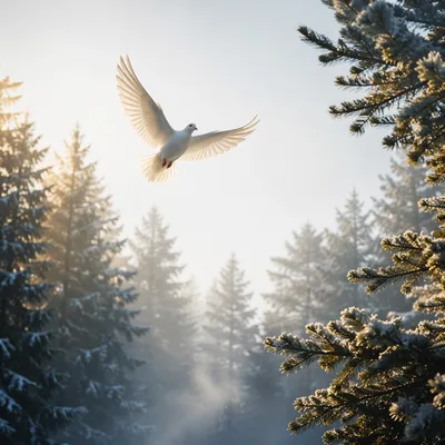 White Dove Rising Through Evergreen Dawn