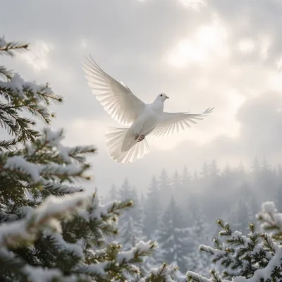 White Dove Ascending Through Snowy Evergreen Sky