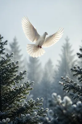 White Dove Over Frosted Evergreen Grove