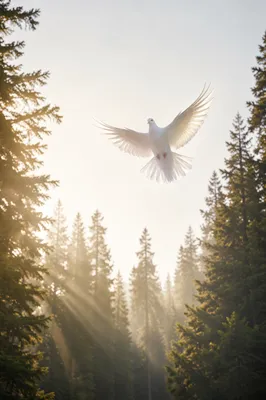 White Dove Rising Through Evergreen Sky