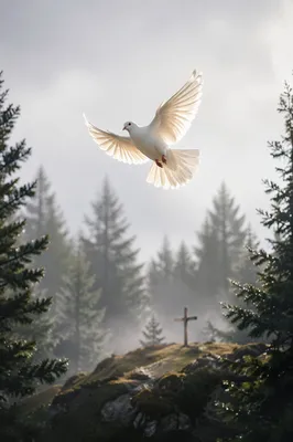 White Dove Over Evergreen Forest Cross
