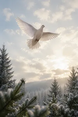 White Dove Above Frosted Evergreen Forest