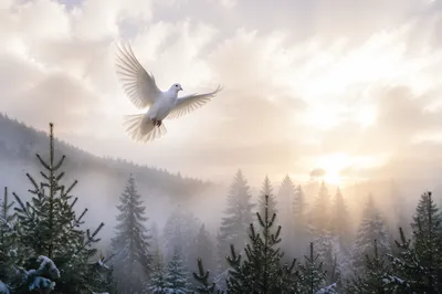 White Dove Rising Over Evergreen Pines