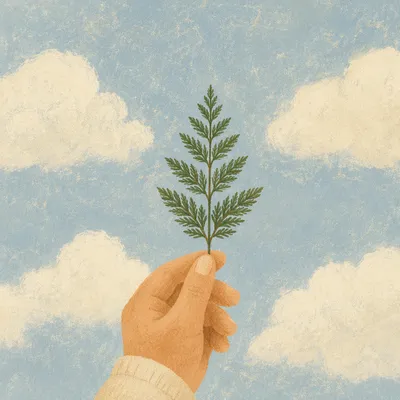 Evergreen Sprig Held Against Cloudy Sky