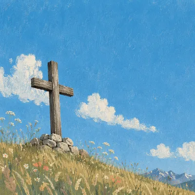 Empty Wooden Cross Beneath Blue Alpine Sky